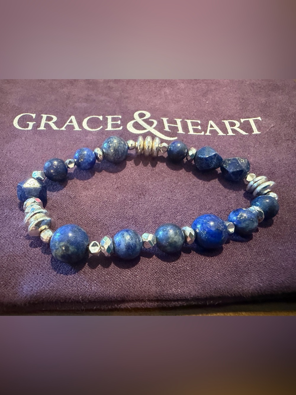 Grace & Heart Lapis Beaded Necklace in Deep Blue Silver Accents G&H Jewelry